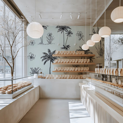 Modern bakery interior with shelves displaying pastries, large windows, and palm tree decorations on the wall.