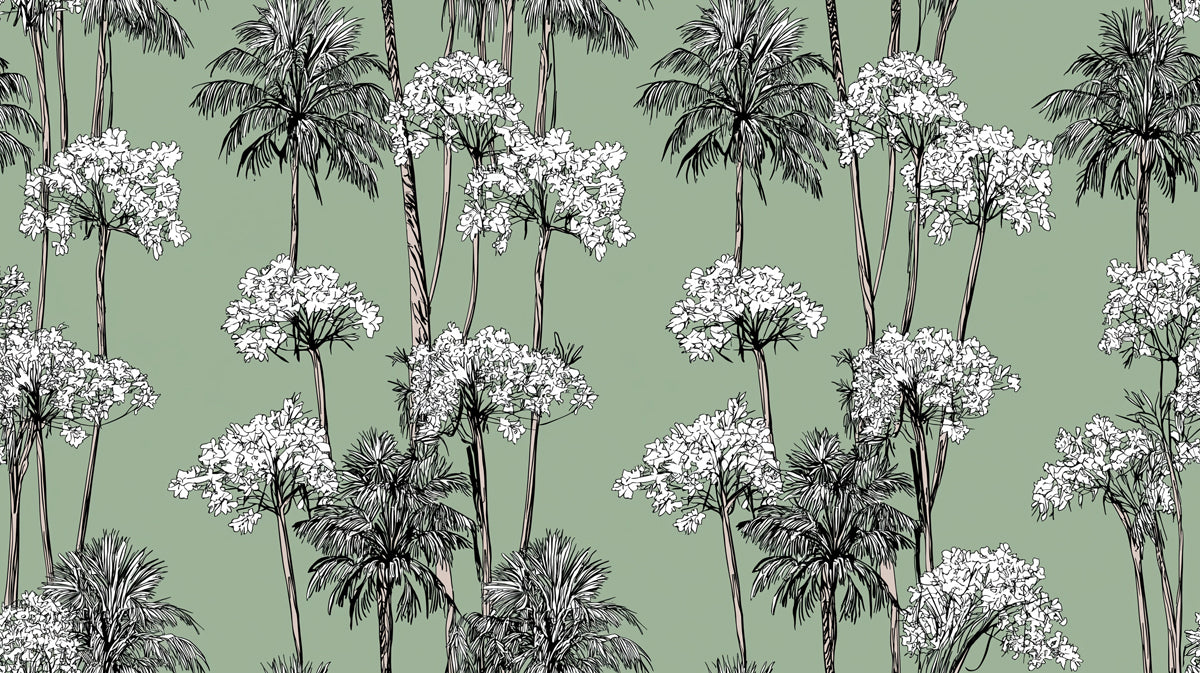 Pattern of palm trees and white flowers on a green background