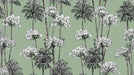 Pattern of palm trees and white flowers on a green background