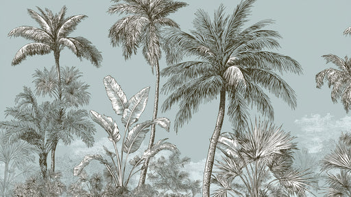 Pattern of palm trees and plants on a light blue background