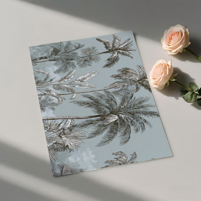 Monochrome Tropical Jungle Mural Wallpaper | Serene Coastal Line Art