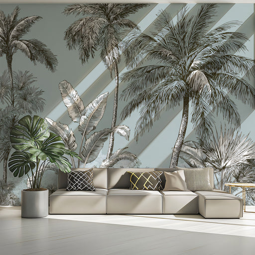 Modern living room with a beige sofa against a wall featuring palm tree and leaf designs.