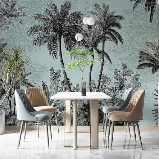 Dining area with a table and chairs against a tropical wallpaper background