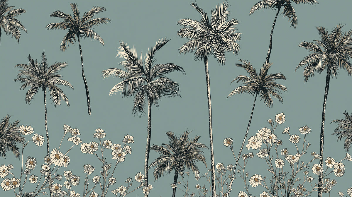 Pattern of palm trees and flowers on a teal background