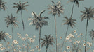 Pattern of palm trees and flowers on a teal background