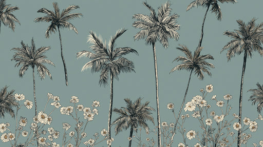 Pattern of palm trees and flowers on a teal background
