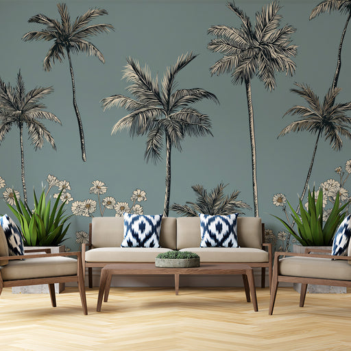 Tropical-themed room with palm tree wallpaper, beige sofa, and decorative pillows.