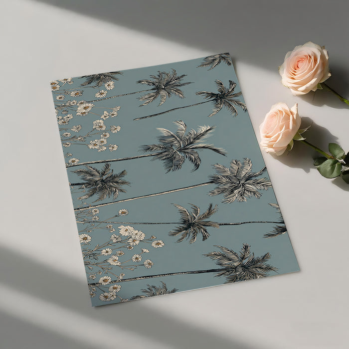 Monochrome Palm Tree & Daisy Mural Wallpaper | Elegant Coastal Line Art