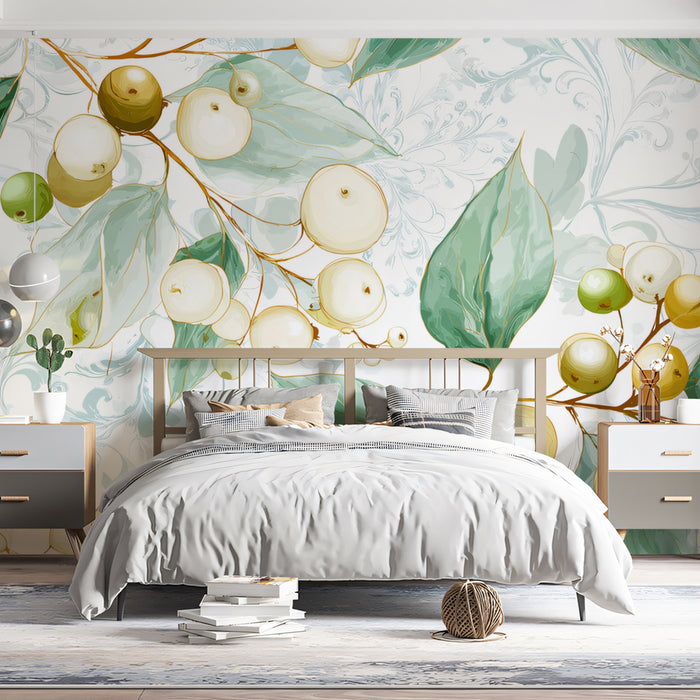 Luminous Berry & Leaf Mural Wallpaper | Watercolor Botanical Art