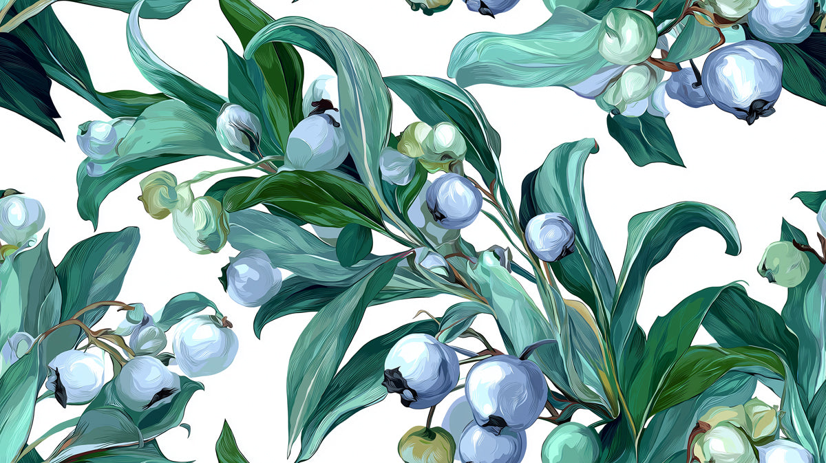 Aqua Bloom & Leaf Mural Wallpaper | Vibrant Botanical Art