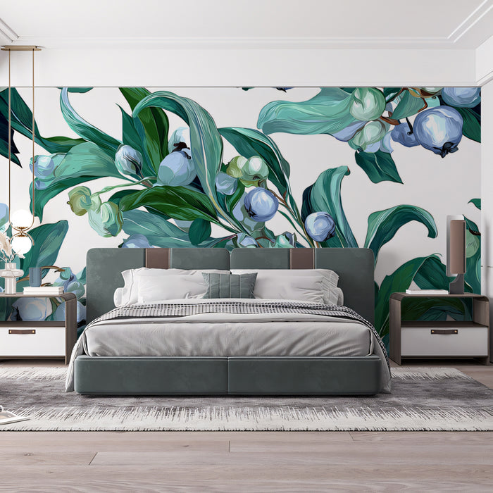 Aqua Bloom & Leaf Mural Wallpaper | Vibrant Botanical Art