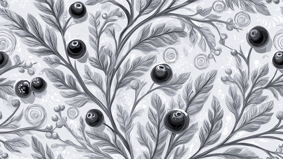 Charcoal Berry Branch Mural Wallpaper | Monochromatic Botanical Art