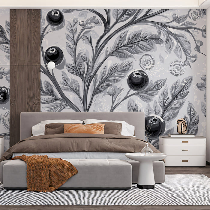 Charcoal Berry Branch Mural Wallpaper | Monochromatic Botanical Art