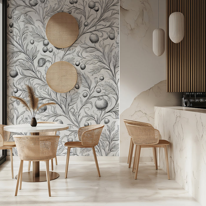 Orchard Branch Mural Wallpaper | Classic Black & White Botanical