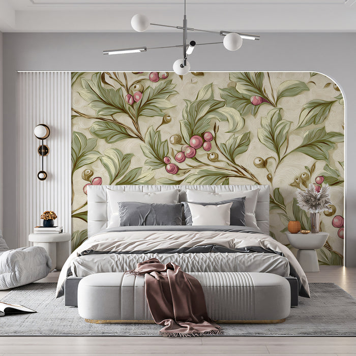 Vintage Berry Vine Mural Wallpaper | Soft Botanical Pattern