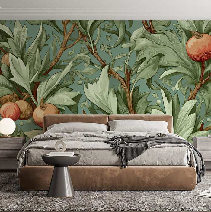 Orchard Fruit & Leaf Mural Wallpaper | Art Nouveau Botanical Art