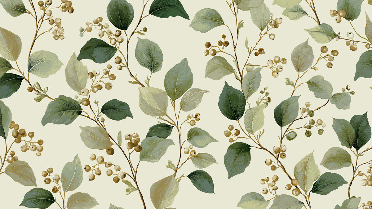 Eucalyptus & Berry Vine Mural Wallpaper | Earthy Botanical Pattern