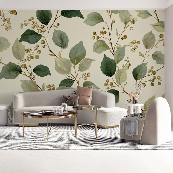 Eucalyptus & Berry Vine Mural Wallpaper | Earthy Botanical Pattern