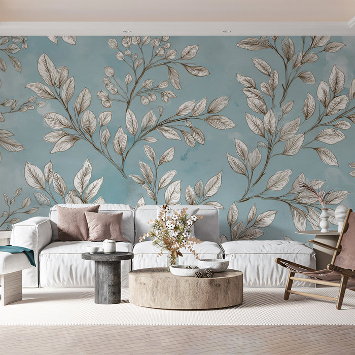 Ethereal Leafy Branch Mural Wallpaper | Watercolor Botanical Sketch