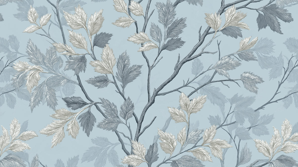 Whispering Branch Mural Wallpaper | Silver & Blue Leaf Art