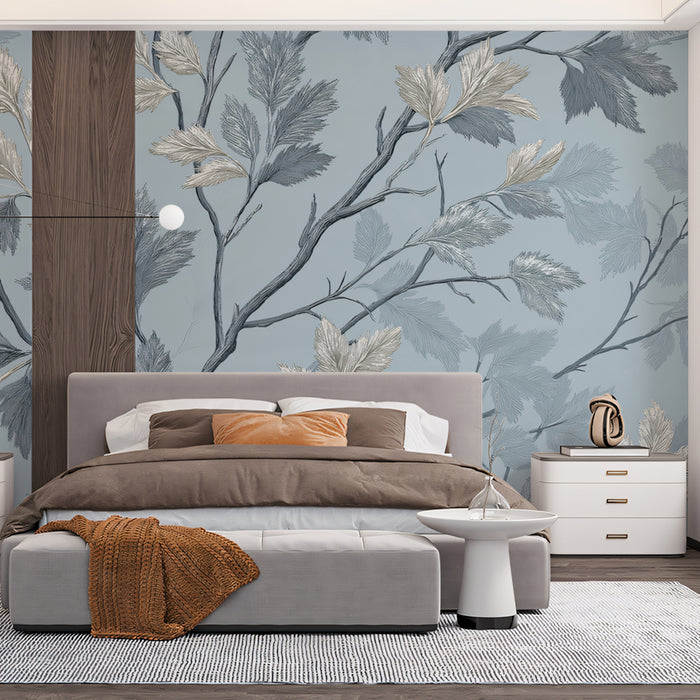 Whispering Branch Mural Wallpaper | Silver & Blue Leaf Art