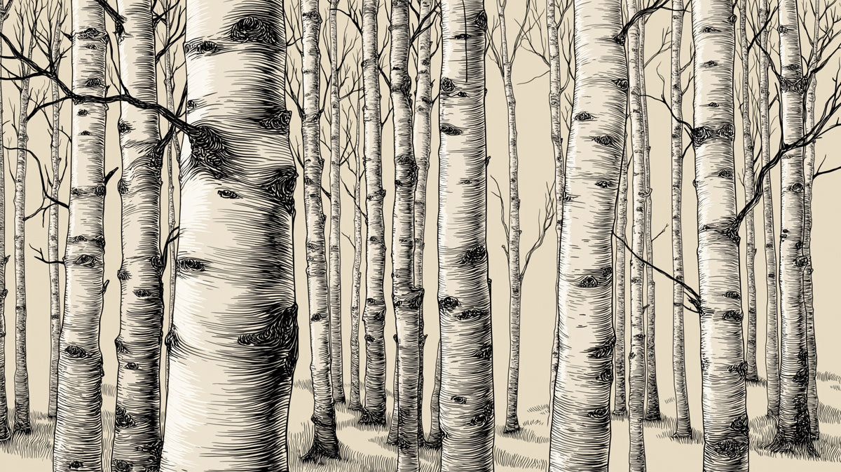 Classic Birch Forest Mural Wallpaper | Hand-Drawn Woodgrain