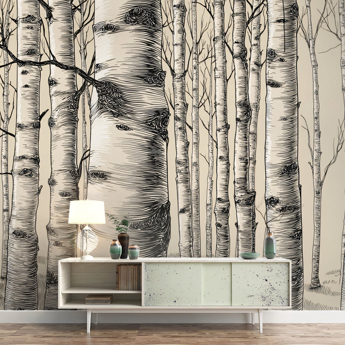 Classic Birch Forest Mural Wallpaper | Hand-Drawn Woodgrain