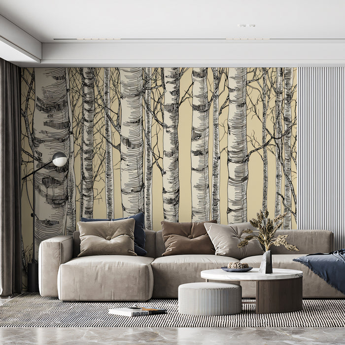 Vintage Birch Forest Mural Wallpaper | Textured Sketch