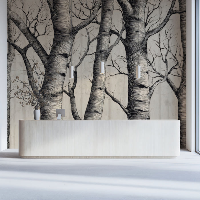 Minimalist Birch Mural Wallpaper | Modern Sketch Art