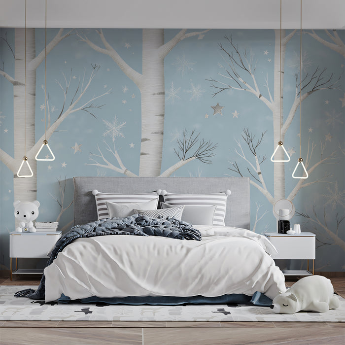 Whimsical Birch Forest Mural Wallpaper | Starry Winter Scen