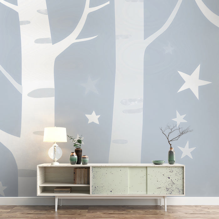 Serene Birch Forest Mural Wallpaper | Minimalist Starry Sky