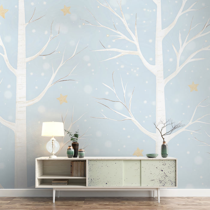 Winter Starry Forest Mural Wallpaper | Whimsical Blue Sky