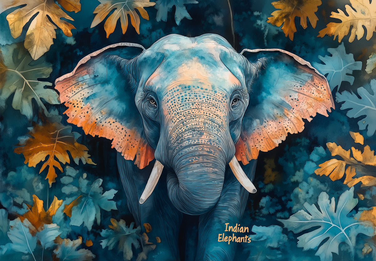 Muro dipinto a tema testa di elefante come sfondo per spazi commerciali | Blu, arancione e vari toni terrestri con elefante