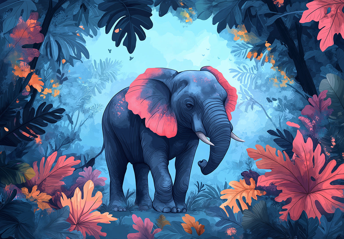 Muro con murales a tema testa di elefante in un lounge hotel | Blu, arancione e vari toni terrosi con elefante