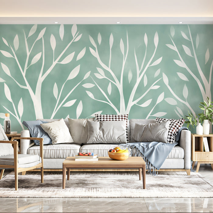 Aqua Green Tree Mural Wallpaper | Minimalist Leaf Silhouette
