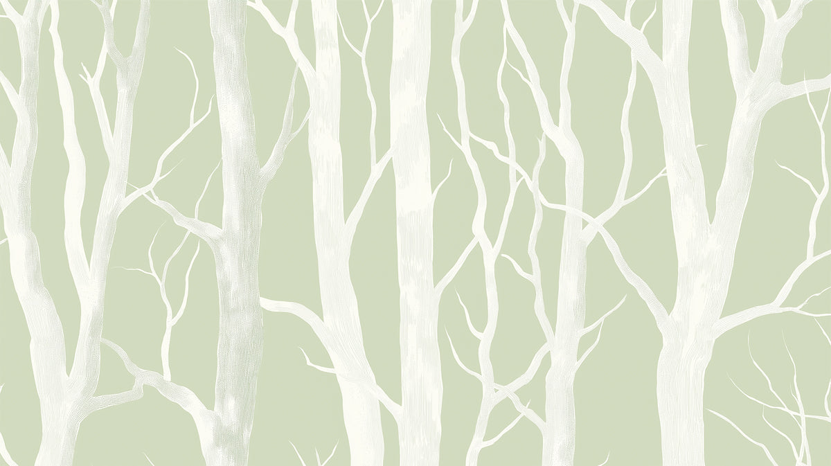 Sage Green Birch Mural Wallpaper | Minimalist Tree Silhouette