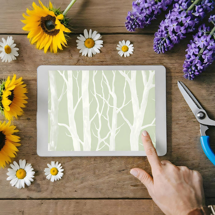 Sage Green Birch Mural Wallpaper | Minimalist Tree Silhouette