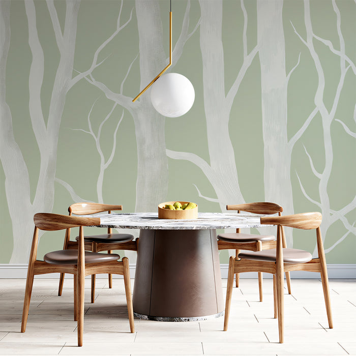 Sage Green Birch Mural Wallpaper | Minimalist Tree Silhouette