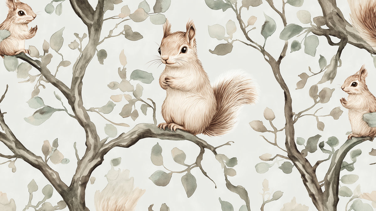 Squirrel & Branch Mural Wallpaper | Soft Woodland Pattern