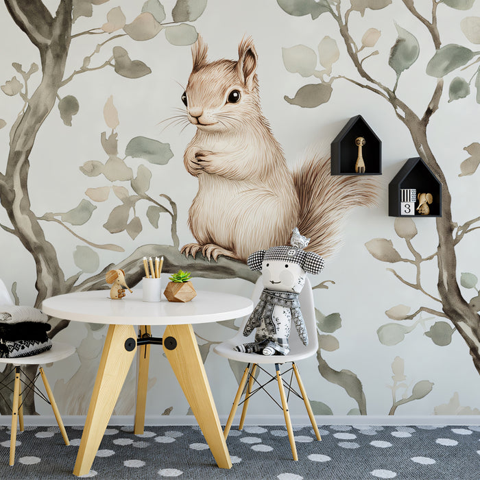 Squirrel & Branch Mural Wallpaper | Soft Woodland Pattern