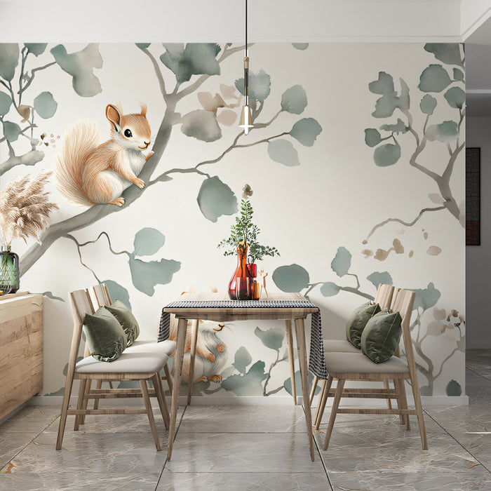 Squirrel & Branch Mural Wallpaper | Ethereal Watercolor