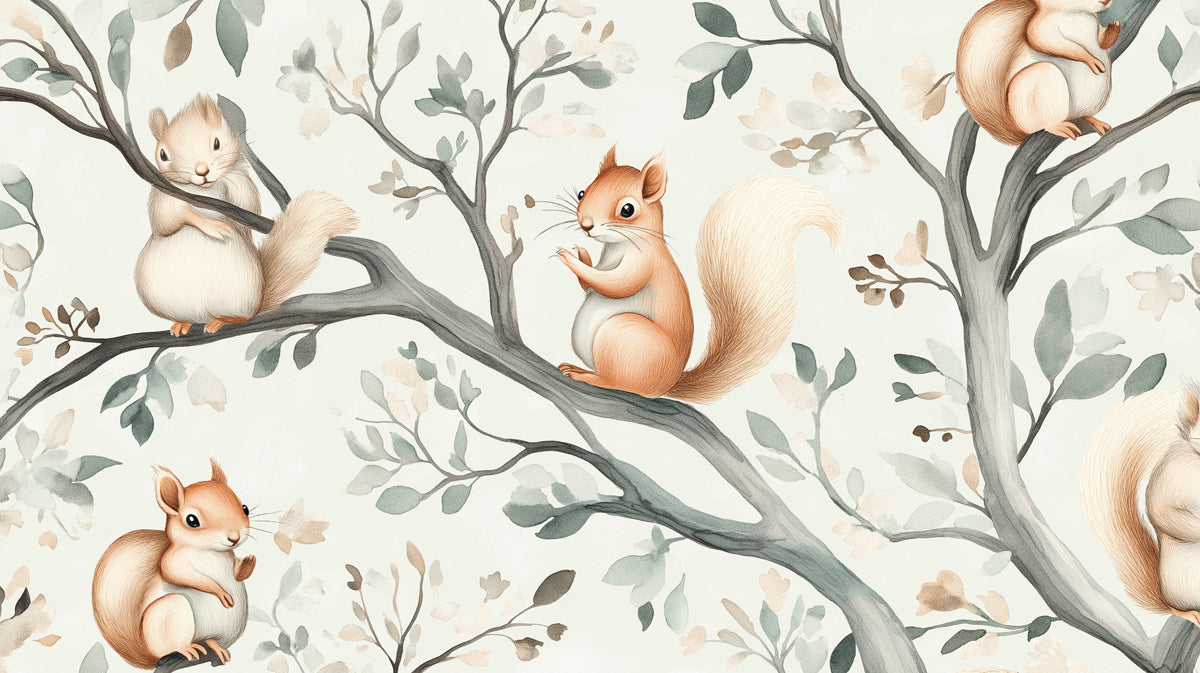 Playful Squirrels Mural Wallpaper | Rustic Woodland