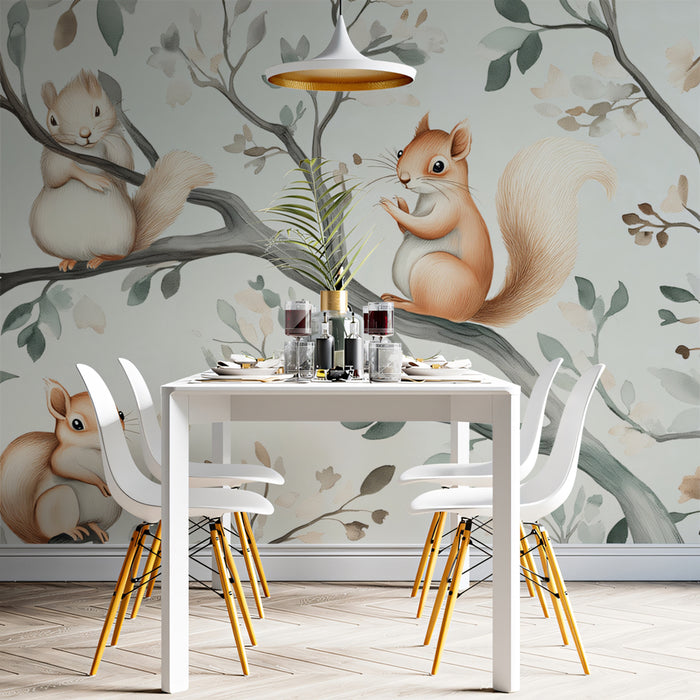 Playful Squirrels Mural Wallpaper | Rustic Woodland