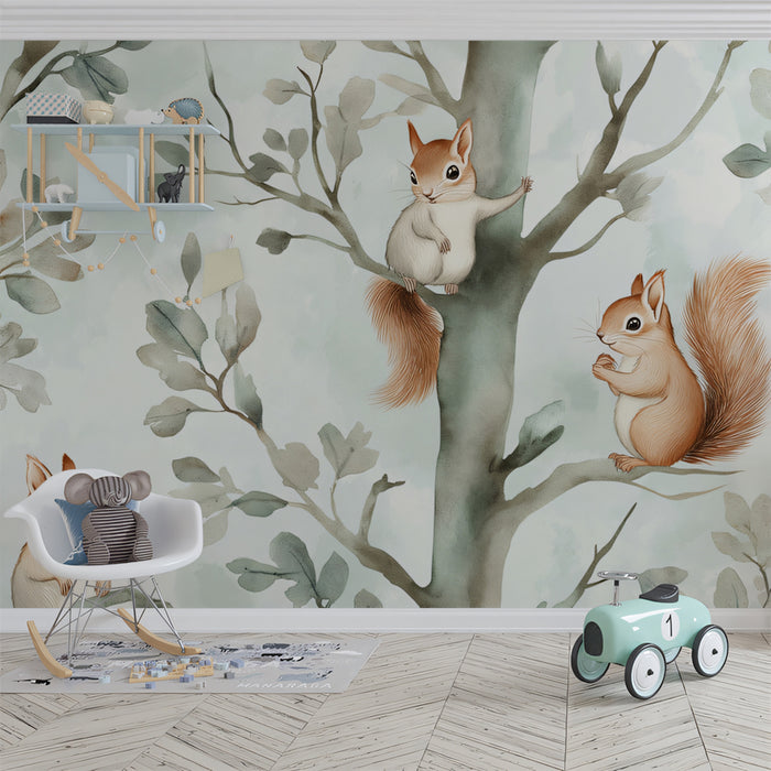 Woodland Squirrels Mural Wallpaper | Gentle Nature Scene