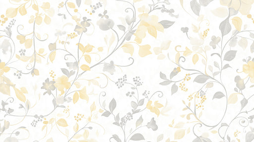 Floral mural wallpaper pattern featuring delicate ochre yellow flowers and light gray twining vines on an off-white background