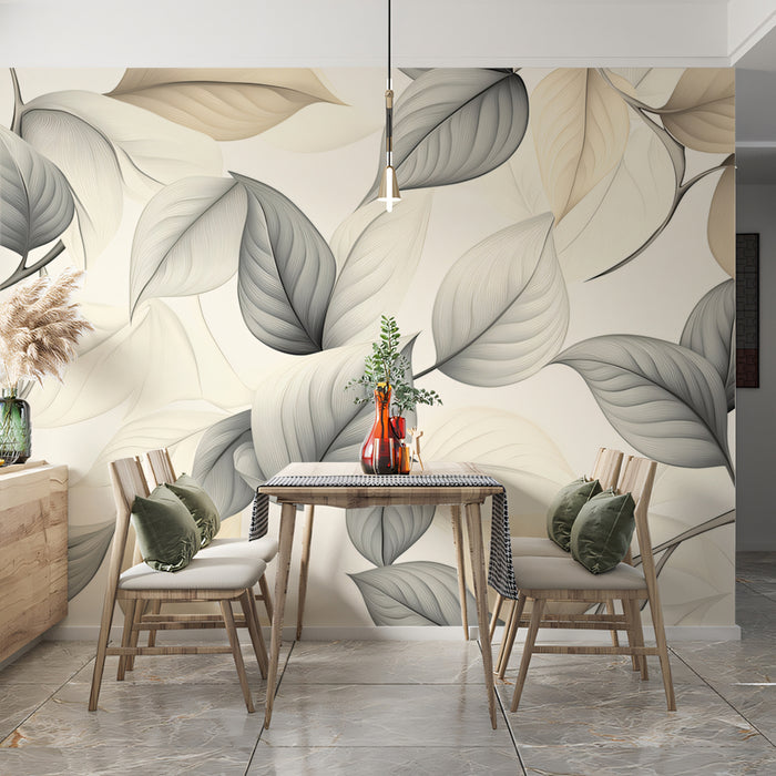 Taupe & Beige Leaf Mural Wallpaper | Artful Botanical Design