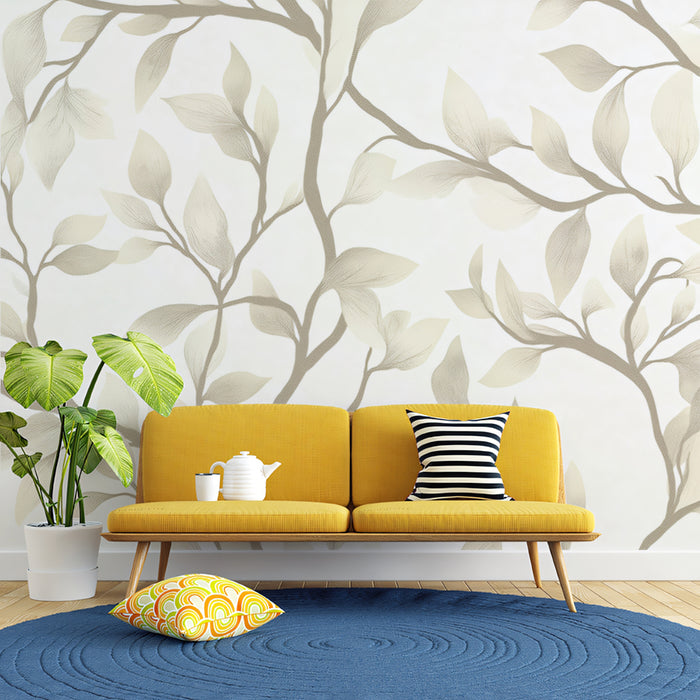 Neutral Leaf & Twig Mural Wallpaper | Minimalist Botanical