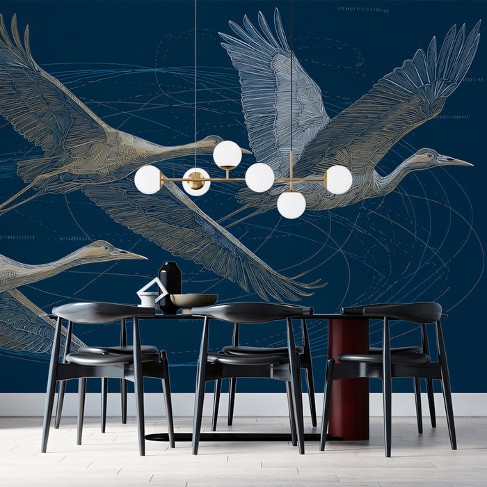 Serene Flying Cranes Mural Wallpaper | Minimalist Line Art