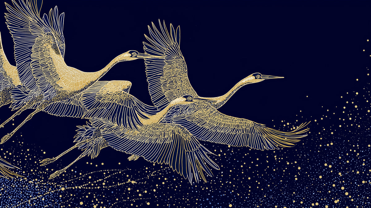 Golden Cranes & Stars Mural Wallpaper | Elegant Night Sky