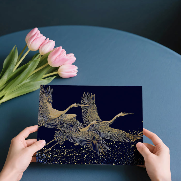 Golden Cranes & Stars Mural Wallpaper | Elegant Night Sky
